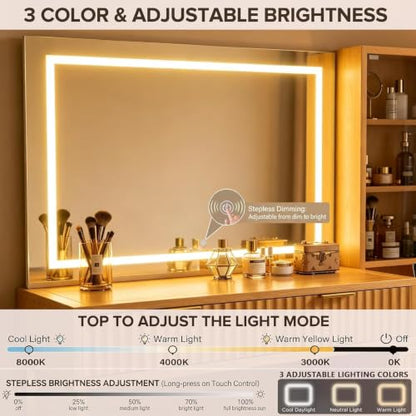 48" Fluted Makeup Vanity with Large LED Mirror and Glass Top, Oak, view 6