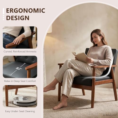 Mid-Century Retro Modern Solid Wood Armrest Black Accent Chairs Set of 2, Faux Leather Arm Chairs for Living Room, Waiting Room Chairs (2, Black)