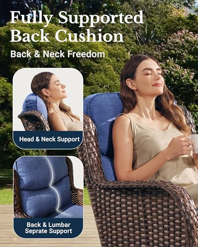 Luxury Outdoor Swivel Rocker Patio Chairs of 2 with 6 Inch Thick Cushions and Side Table, Swivel Outdoor Chairs 3PCS High Back Wicker Patio Furniture Set for Porch, Balcony, Deck in Blue