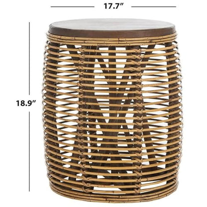 SAFAVIEH Furniture - Maui Rattan Drum Stool Table - Honey Brown-Wash & Teak Brown - Rattan - Coastal Woven Design - Fully Assembled - Ideal for Living Room, Bedroom, Patio - Fully Assembled (STL6500B)
