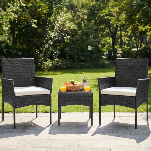 3-Piece Patio Furniture Set, All-Weather Outdoor Wicker Chairs with Removable Cushions & Tempered Glass Table, Small Bistro Set for Porch, Balcony, Lawn, Backyard, Black