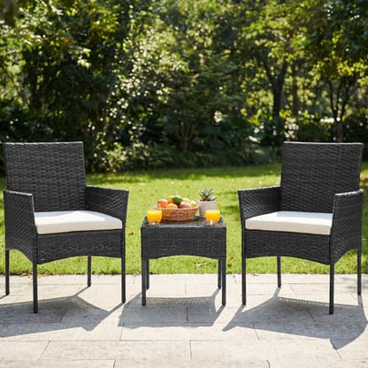 3-Piece Patio Furniture Set, All-Weather Outdoor Wicker Chairs with Removable Cushions & Tempered Glass Table, Small Bistro Set for Porch, Balcony, Lawn, Backyard, Black