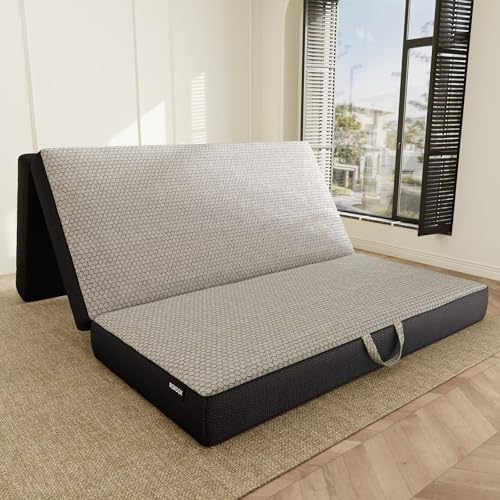 Memory Foam Trifold Mattress, 6 Inch Queen Foldable Mattress, Portable Floor Bed with Washable Cover, Handle & Non-Slip Bottom, for RV, Travel, Camping, Yoga, 78"x58"x6", Grey