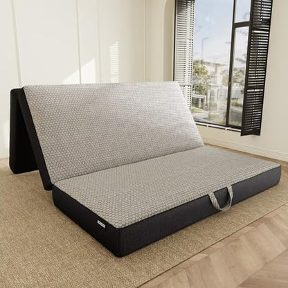 Memory Foam Trifold Mattress, 6 Inch Queen Foldable Mattress, Portable Floor Bed with Washable Cover, Handle & Non-Slip Bottom, for RV, Travel, Camping, Yoga, 78"x58"x6", Grey