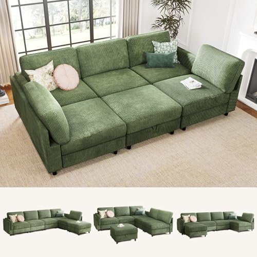 Modular 83'' 6 Seater Sofa Bed - Sectional Sofa with Storage Ottoman, Convertible U/L -Shaped Sleeper Couch for Living Room, Modern Reversible Design, Green