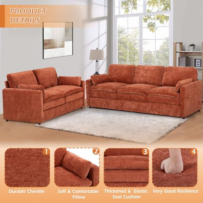 2 Pieces Chenille Sofa Set w/Arm Pillows, Upholstered Loveseat & 3 Seater Sofa w/Comfortable Back Cushions, Modern 2-Seat & 3-Seat w/High-Density Foam for Living Room, Apartment, Orange