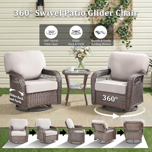 2-Piece Wicker Patio Swivel Rocking Chair Set, Beige, view 3