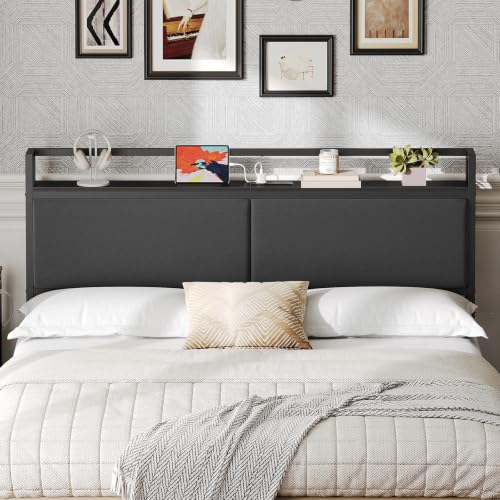 Queen Headboard Only with Storage, Upholstered Head Board with Charging Station, view 2
