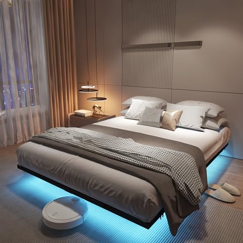 Floating Bed Frame California King Size with Charging Station and LED Lights, view 7
