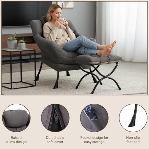 Lazy Chair with Ottoman, Reading Chair with Footrest,Dark Grey, view 5