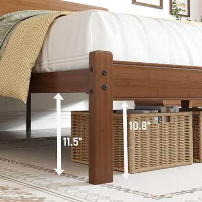 14" Queen Size Bamboo Wood Platform Bed Frame with Headboard, Brown, view 7