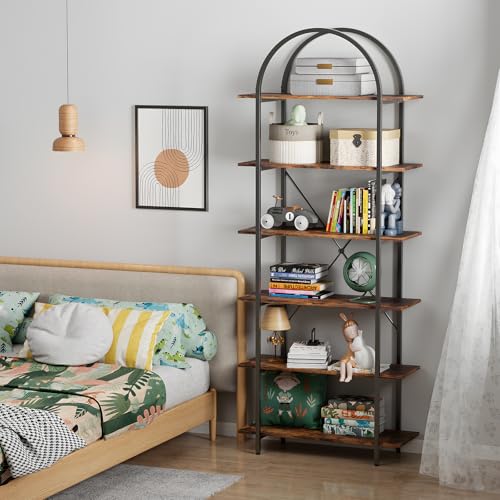 6 Tier Bookshelf, 83" Tall Arched Bookcase, Tall Book Shelf with Metal Frame, Industrial Display Standing Shelf for Living Room, Home Office, Bedroom, Brown