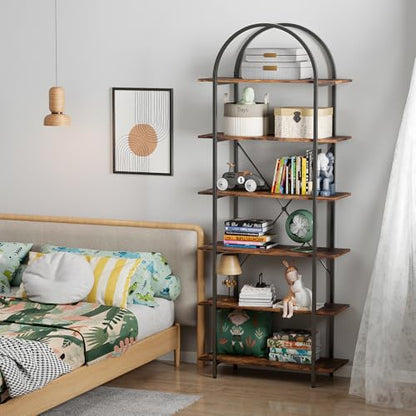6 Tier Bookshelf, 83" Tall Arched Bookcase, Tall Book Shelf with Metal Frame, Industrial Display Standing Shelf for Living Room, Home Office, Bedroom, Brown