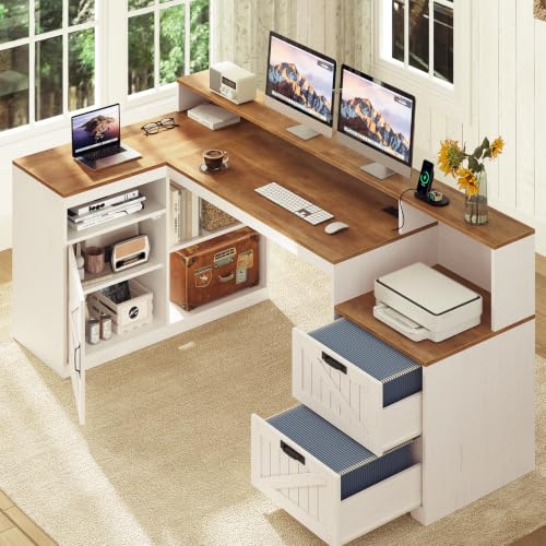 63" Farmhouse L Shaped Desk with Drawers and Printer Stand for Home Office, view 8