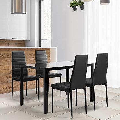 5-Piece Kitchen Dining Table Set Tempered Glass Tabletop, 4 Faux Leather Chairs - Black