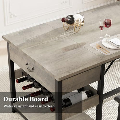 Dining Table Set for 4, Kitchen Dining Table Set with Upholstered Benches, Kitchen Dining Room Table with Storage Drawers & Wine Rack for Small Space, Light Grey