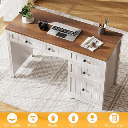 Farmhouse 47.2" Executive Desk with 3 Storage Drawers, Brown White, view 6