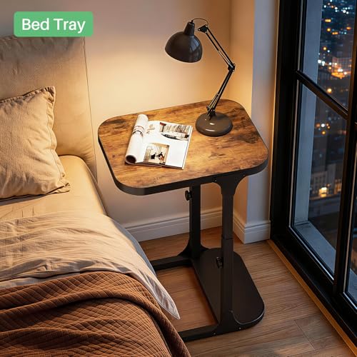 Ultra Stable & Durable End Table, Ajustable Height C Shaped Side Table for Couch, Sofa Side Table with Thickened Metal Frame for Living Room, Bedroom, Rustic