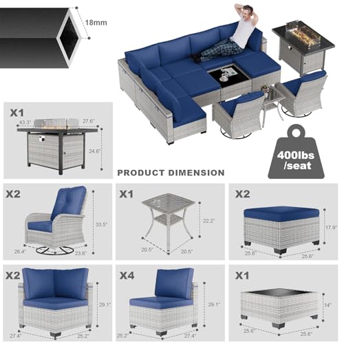 13-Piece Patio Furniture Set, Outdoor Patio Furniture with Swivel Chairs Set, Ottomans, 55,000 BTU Fire Pit Table, Modular Patio Sofa, Dual-Strand Wicker Rattan, Rust-Resistant Frame, Navy Blue