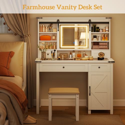 Farmhouse Vanity Desk with Mirror, LED Lights, Stool, White, view 5