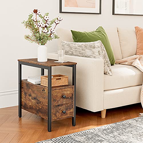 End Table, Narrow Chairside Table with Drawer and Open Storage Shelf, Nightstand for Small Spaces, Stable and Sturdy Construction, Wood Look Accent Furniture, Rustic Brown and Black BF548BZ01G3
