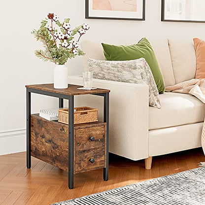End Table, Narrow Chairside Table with Drawer and Open Storage Shelf, Nightstand for Small Spaces, Stable and Sturdy Construction, Wood Look Accent Furniture, Rustic Brown and Black BF548BZ01G3