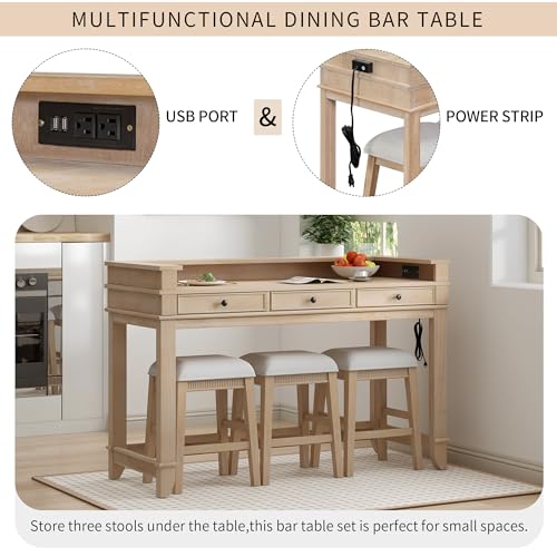 4 -Piece Farmhouse Dining Table Set with USB Charging/Drawers Wood Table with 3 Cushion Stool for Kitchen Dining Room Natural Wood Wash