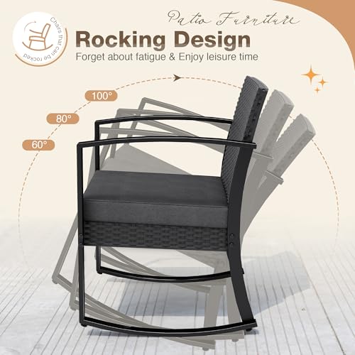 3 Pieces Outdoor Furniture Set Patio Bistro Rocking Chairs with Glass Coffee Table for Pool Beach Backyard Balcony Porch Deck Garden, Black