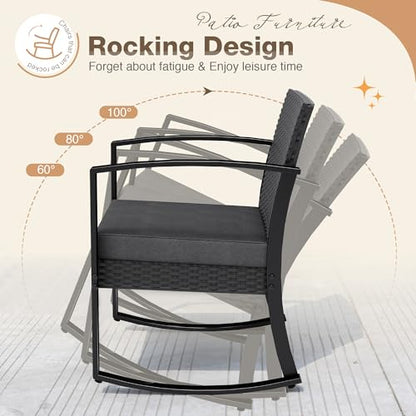 3 Pieces Outdoor Furniture Set Patio Bistro Rocking Chairs with Glass Coffee Table for Pool Beach Backyard Balcony Porch Deck Garden, Black