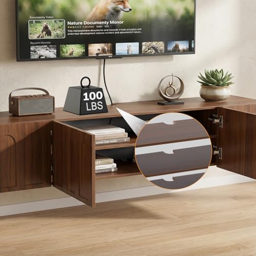 Floating TV Stand, 71 Inch, Wall Mounted, Walnut, view 5
