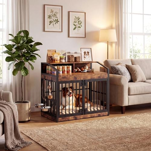 Dog Crate Furniture with 360° Rotatable Bowls, view 4