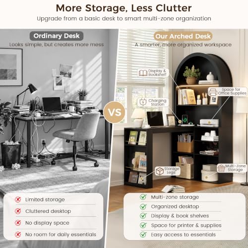 L Shaped Arched Desk with Hutch, Home Office Writing Desk (Black), view 5