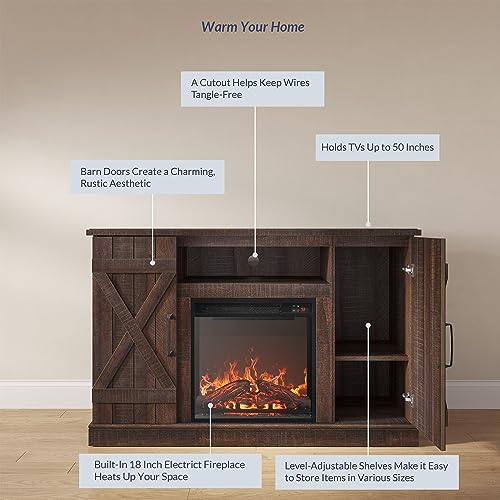 47" TV Stand with 18" Electric Fireplace Heater & Media Entertainment Center, view 6