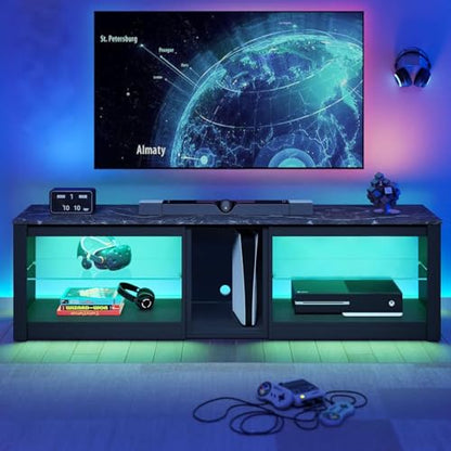 TV Stand for 70 inch TV, Gaming Entertainment Center for PS5, LED TV Cabinet with Glass Shelves for Living Room, 63'' Inch, Marble Black