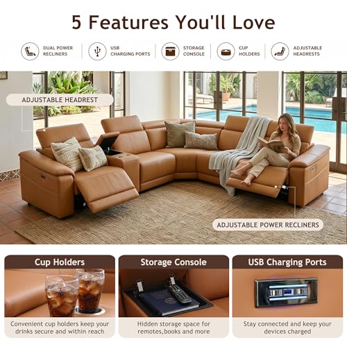 5 Seat Power Reclining Sectional Sofa, L-Shaped Air Leather Couch with Recliners, USB Charging Ports, Storage Console, Cup Holders, Light Brown Modular Living Room Sofa Set