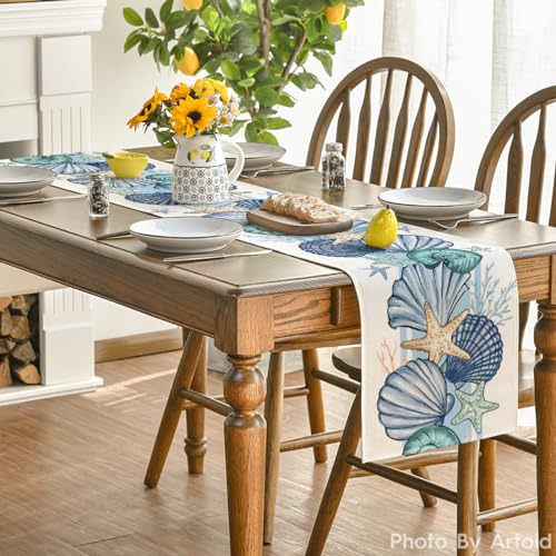 Sea Shell Starfish Summer Table Runner,Spring Ocean Kitchen Dining Table Decoration for Home Party Decor 13x72 Inch