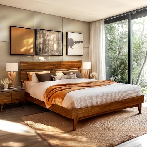 Acacia Aurora Bed Frame with Headboard Solid Wood Platform Bed, view 4