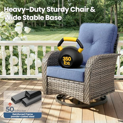 Weaxty Wicker Patio Furniture Set with Swivel Rocker Chairs Outdoor Loveseat Sofa and Rattan Coffee Table, 5 Pieces Outdoor Conversation Sets for Patio Porch Deck Backyard Poolside, Denim Blue