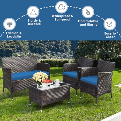 4-Piece Rattan Patio Set, Outdoor/Indoor Wicker Conversation Set for Pool, Backyard, Lawn, Wicker Chairs and Sofa with Soft Cushion, Rattan Furniture with Tempered Glass Coffee Table