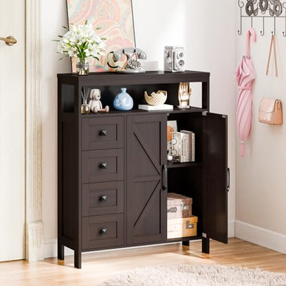 Farmhouse Storage Cabinet with 2 Doors and 4 Drawers, Freestanding Bathroom Compartment Kitchen Pantry Cabinet, Floor Cupboard for Kitchen/Living Room/Bathroom, Espresso