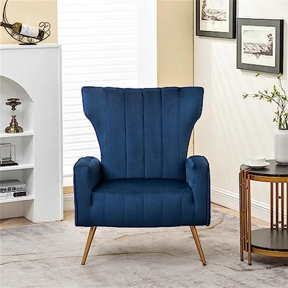 Modern Velvet Accent Chair, Channel Tufted Bedroom, Office or Living Room Furniture with Elegant Metal Legs, 26" Wide Armchair, Blue