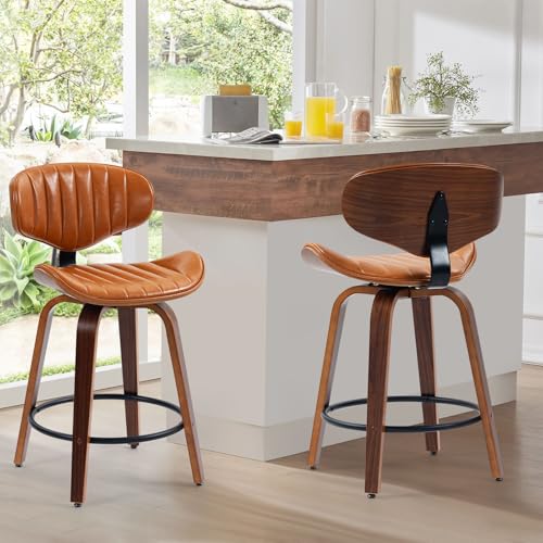 Swivel Bar Stools Set of 3, 24 inch PU Leather Wooden Bentwood Barstools Counter Height Modern Breakfast Bar Chairs with Backrest and Footrest for Kitchen Island, Dining Room D035-Brown-3