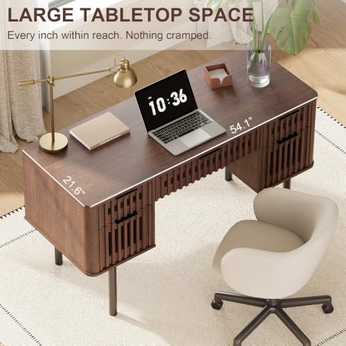 Fluted Executive Desk with Drawers, 54" Modern Writing Desk, Walnut, view 7