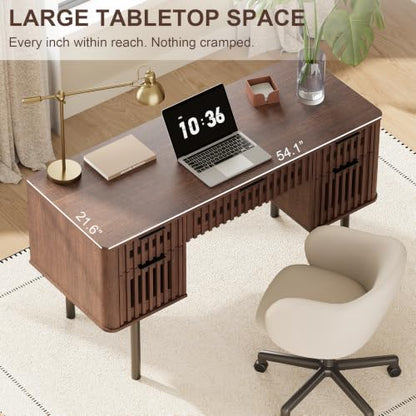 Fluted Executive Desk with Drawers, 54" Modern Writing Desk, Walnut, view 7