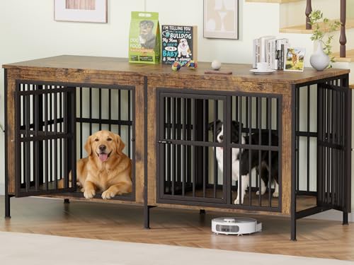 78" Double Dog Crate Furniture for Medium/Large Dogs, Brown, Thick wood, view 2