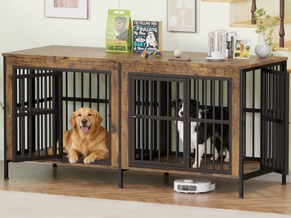 78" Double Dog Crate Furniture for Medium/Large Dogs, Brown, Thick wood, view 2