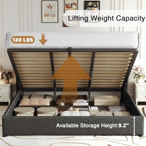 Upholstered King Size Lift Up Storage Bed Frame, Wingback Headboard, view 6