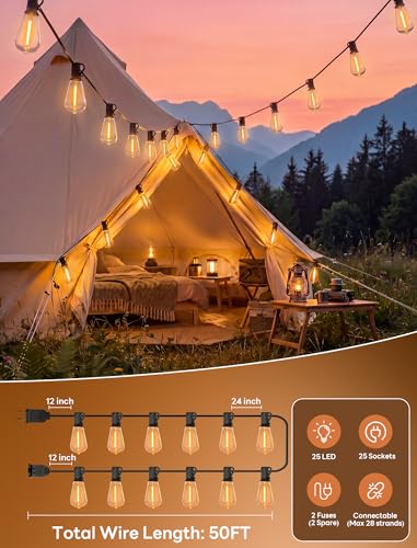 LED Outdoor String Lights 50FT Patio Lights with 27 ST38 Edison Shatterproof Bulbs, Outside Hanging Lights Waterproof for Porch, Deck, Garden, Backyard, Balcony, 2700K Warm White, Dimmable