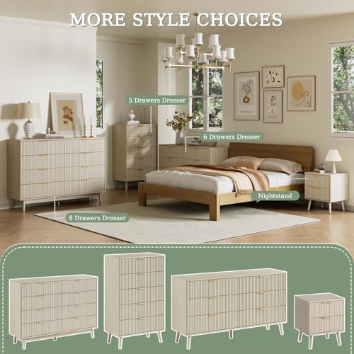 Fluted Dresser and Nightstand Set, 3 Pieces Bedroom Set, 55 Inch Wide 6-Drawer Dresser & 2-Drawer Nightstands Set of 2, Modern Dressers Set for Bedroom, Hallway, Beige