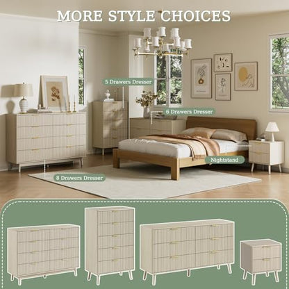 Fluted Dresser and Nightstand Set, 3 Pieces Bedroom Set, 55 Inch Wide 6-Drawer Dresser & 2-Drawer Nightstands Set of 2, Modern Dressers Set for Bedroom, Hallway, Beige
